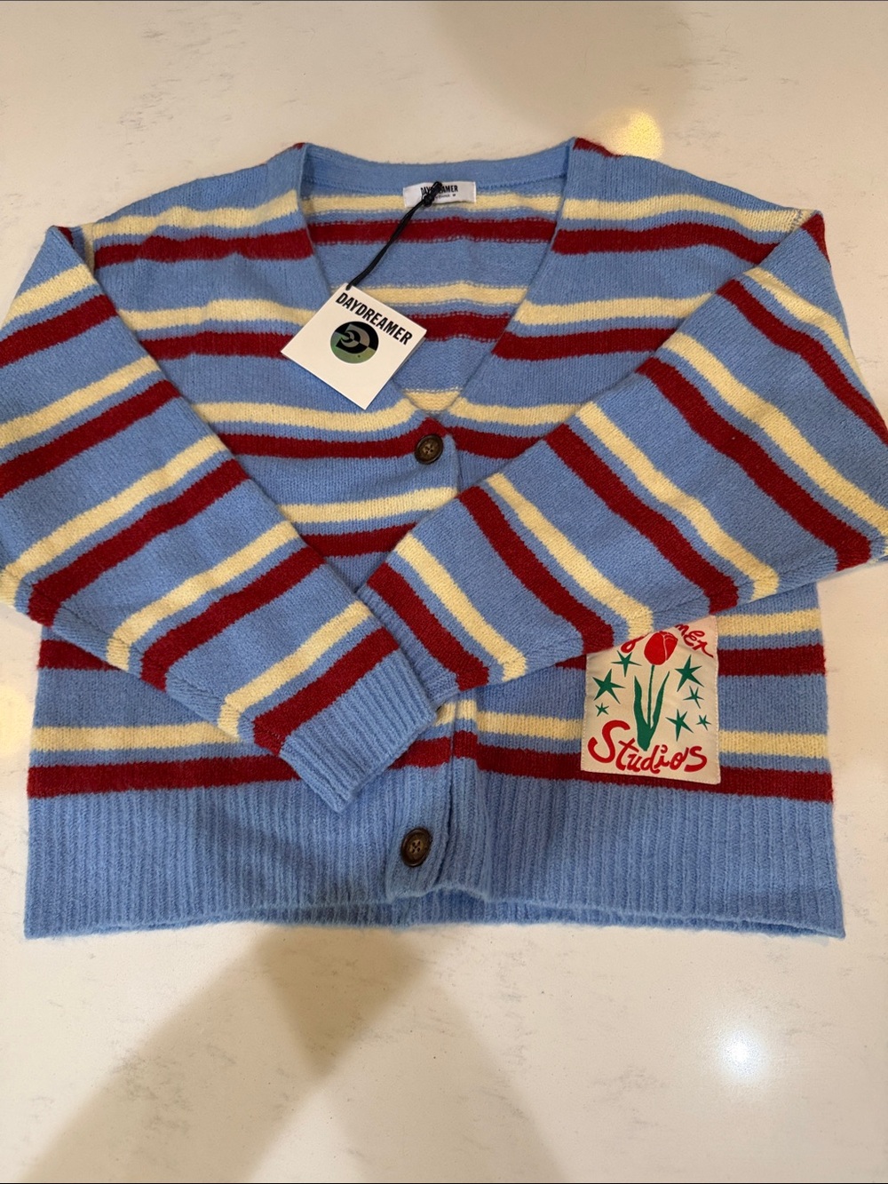 Daydreamer Blue, Red & Cream Striped V-Neck Cardigan